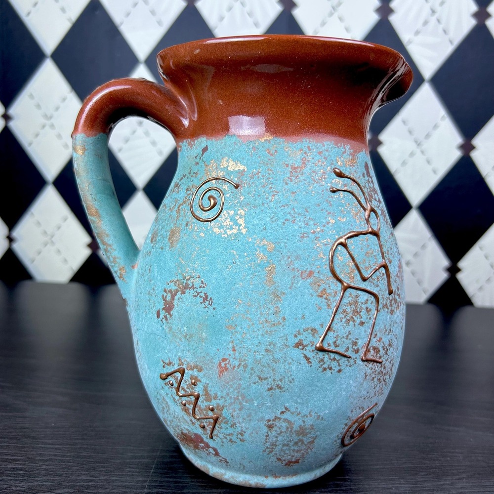 Southwestern Pottery Petroglyph Pitcher Turquoise And terracotta Vase Kokopelli - Picture 3 of 16